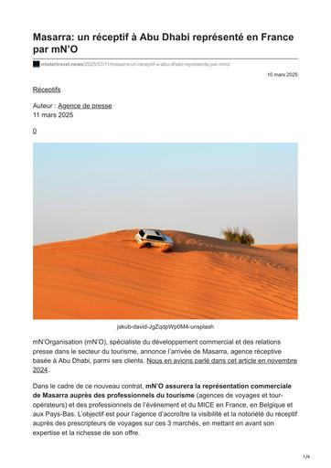 Mistertravel news Masarra un réceptif à Abu Dhabi représenté en France par mNO
